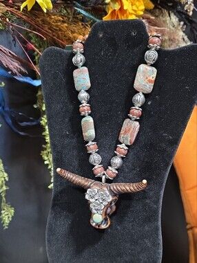 Artisan Longhorn Pendant Necklace in Turquoise and Brown Gemstones